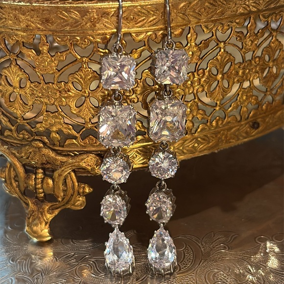 Kenneth Jay Lane Silver Drop Earrings with Sparkling Cz Crystals - Picture 5 of 8